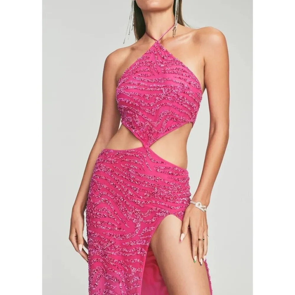 Retrofete Hendrix Dress in Fuchsia Rose Tiger Stripe Large New Long Maxi Gown Pink - Image 11