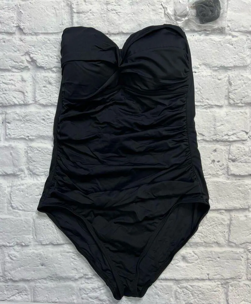 Anne Cole Black Twist-Front Ruched Bandeau Slimming One-Piece Swimsuit 6 New - Image 2