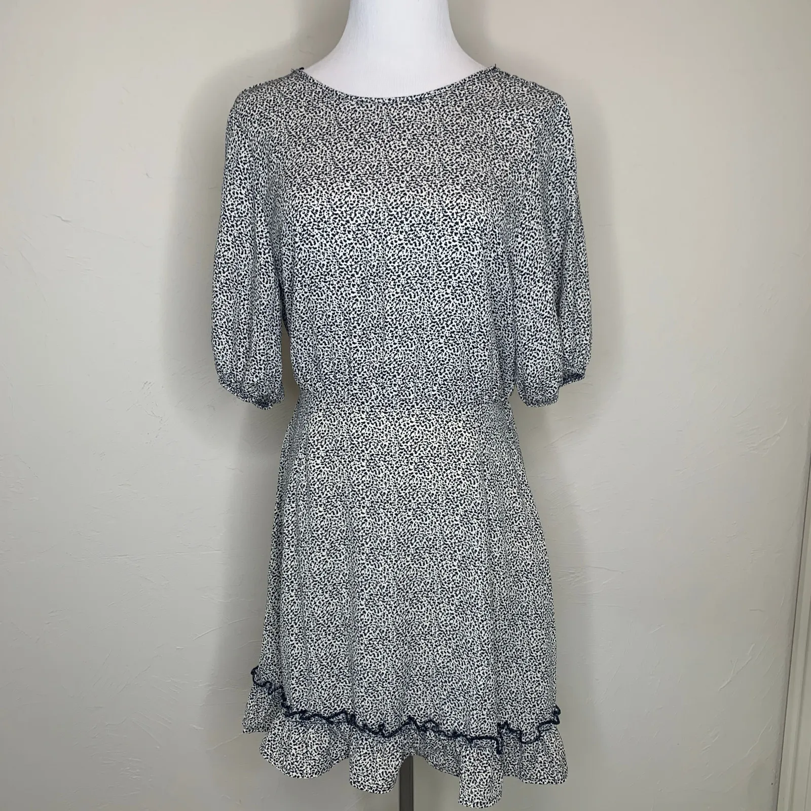 Black White Micro Dot Cheetah? Print Ruffle Hem Low Back Dress Medium NWT - Image 2