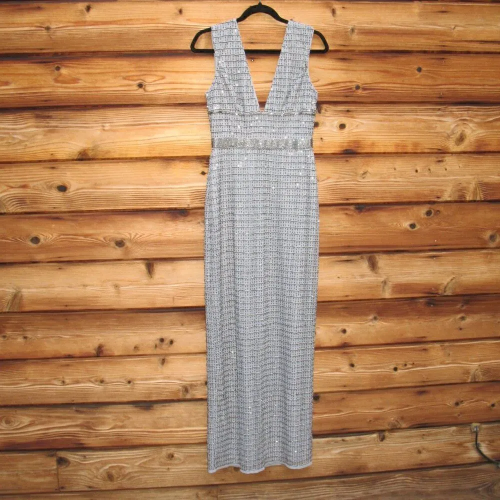 Mac Duggal 5625 Womens Silver Beaded Cap Sleeve V Neck Column Gown Dress - Image 6