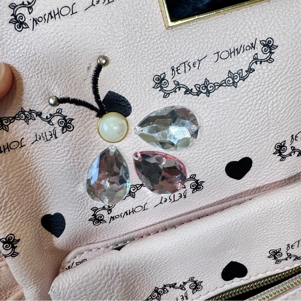 Betsey Johnson Pink Black Rhinestone Backpack Women’s Bee Bag - Image 12