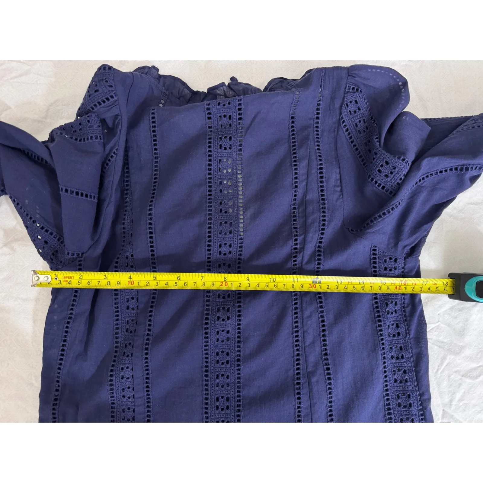 AQUA Eyelet Blouse Ruffle Trim Long Sleeve Navy Blue Top Size S‎ - Image 8