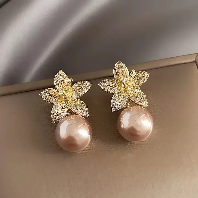 Elegant Flower Pearl Dangle Drop Earrings for Women Gold - Image 2