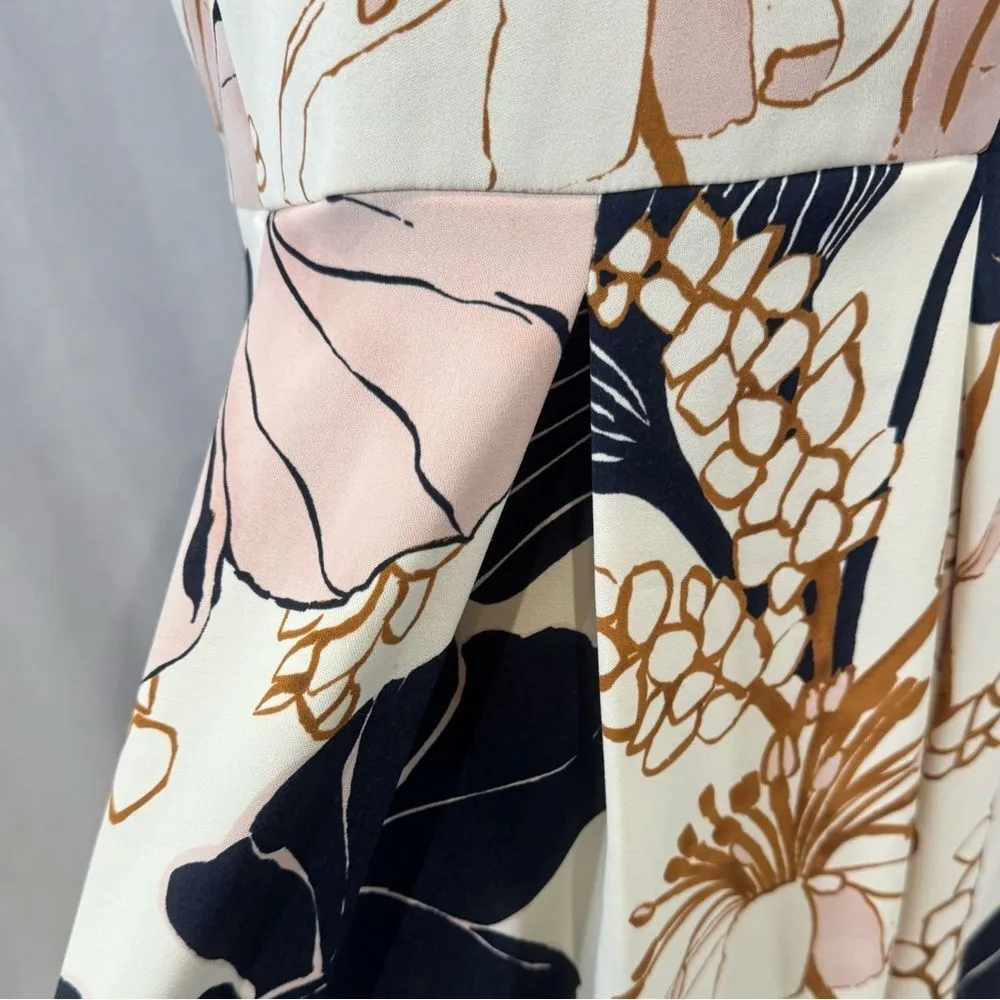 Ann Taylor white navy pink and copper blossom floral pleated flare dress size 4 - Image 3