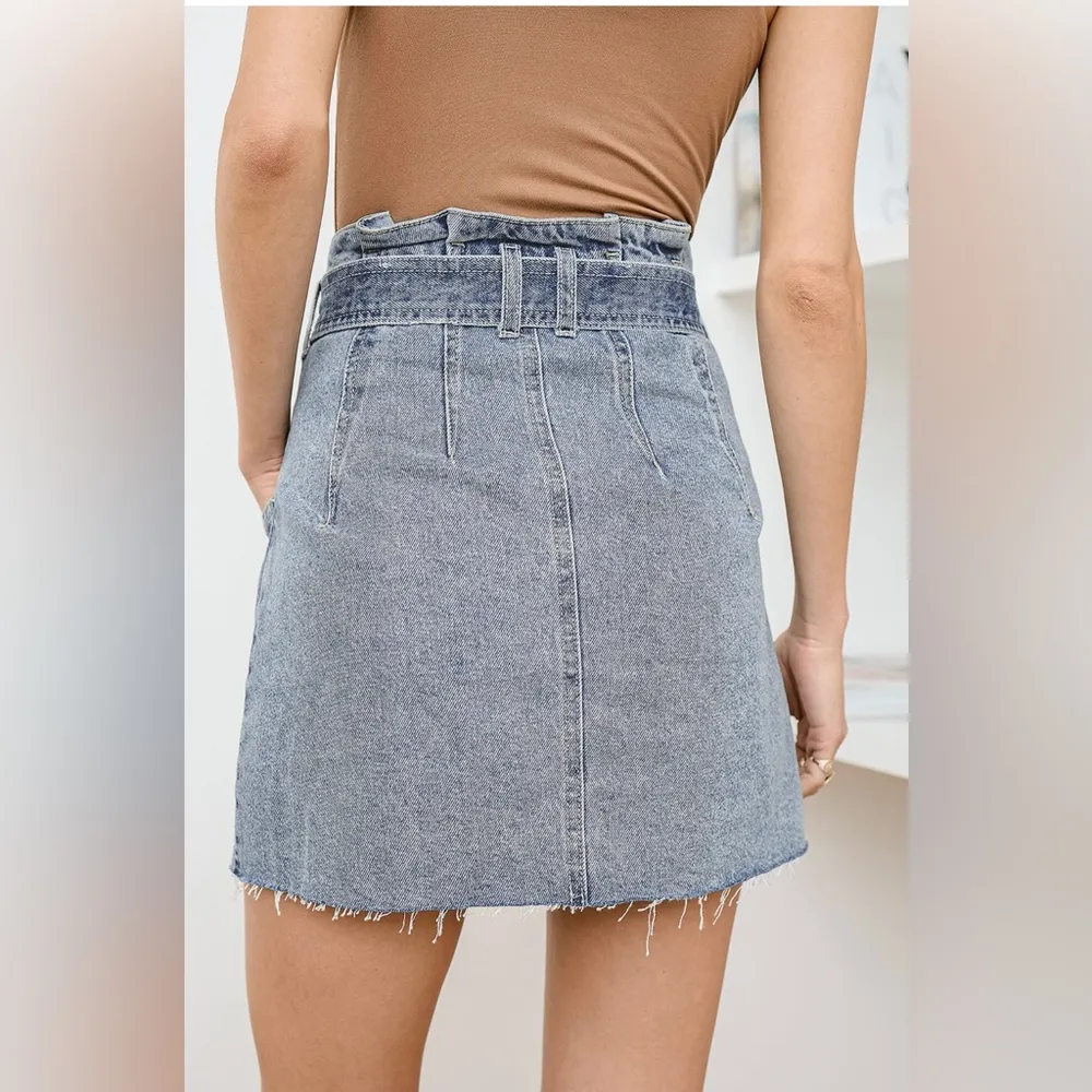 Free People East of Eden Medium Wash Denim Belted Mini Skirt - Image 4