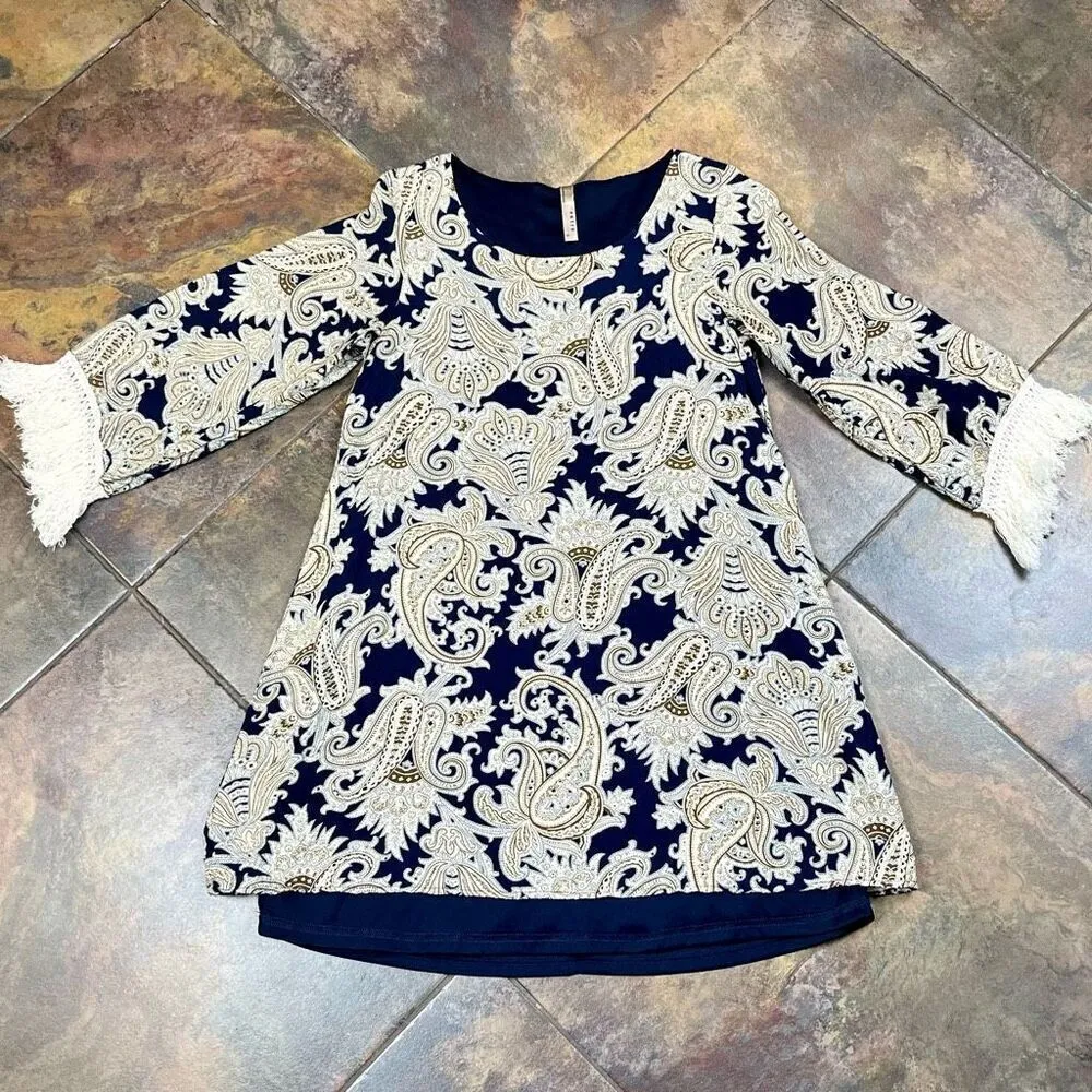 Entro Women’s Paisley Crewneck Long Sleeve Fringe Dress Small - Image 6