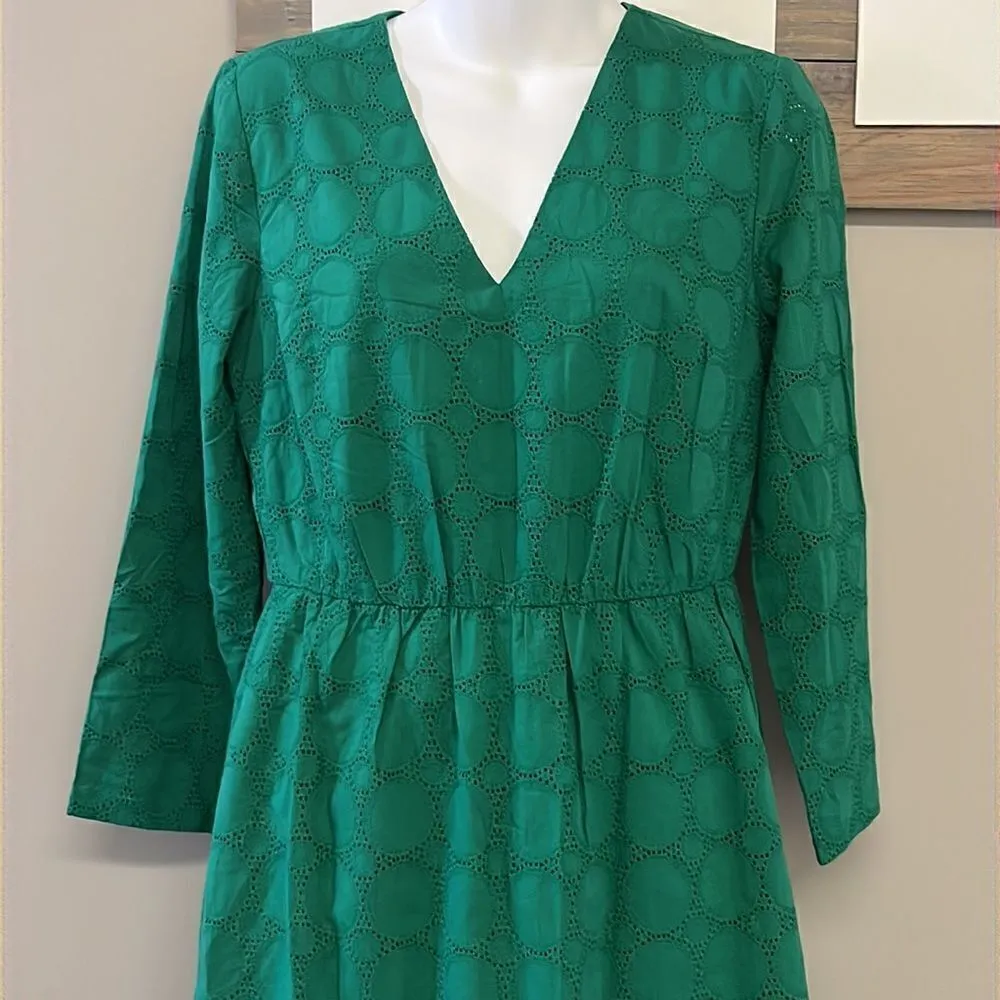 J. Crew Green Lined Eyelet Long Sleeve Dress-  with Scalloped Details-Size 4-NEW - Image 3