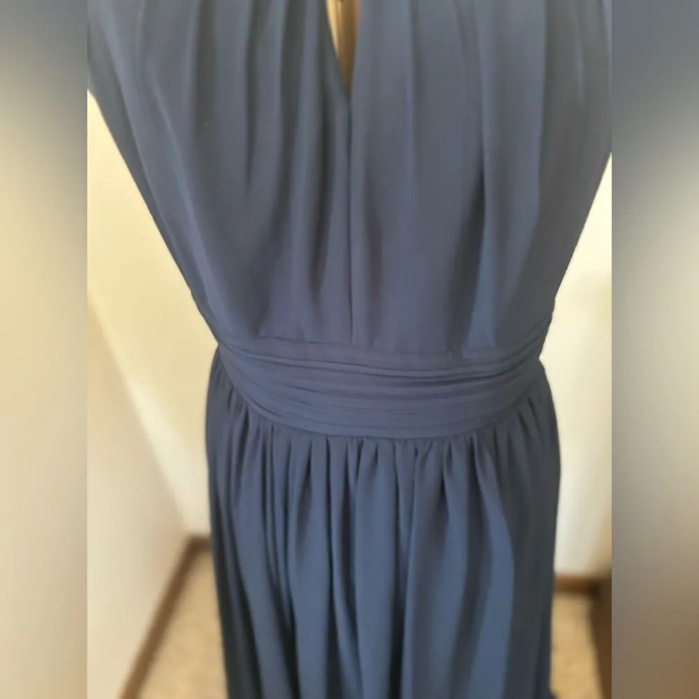 Levkoff keyhole neck navy chiffon a-line long gown size 6 - Image 5