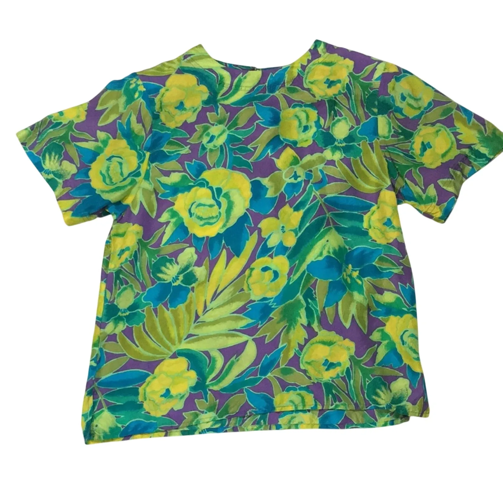 Vintage Jack Mulqueen Silk purple, green, and blue Floral Shirt size Medium Green - Image 2