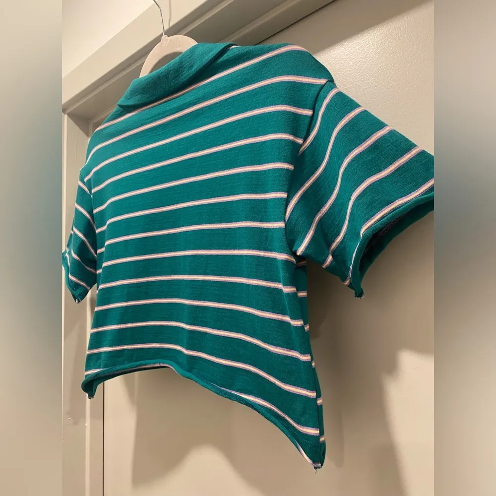 Forever 21 F21 Teal Blue & Light Purple Striped Short Sleeve Crop Polo Shirt XS - Image 6