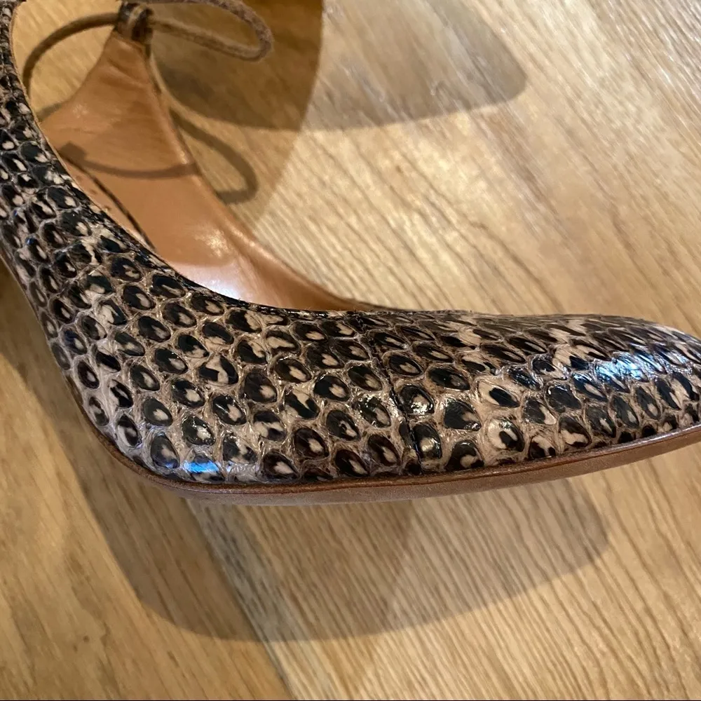 Alexa Wagner Snakeskin Open Back Ankle Strap Heels in Brown Size 6 - Image 3