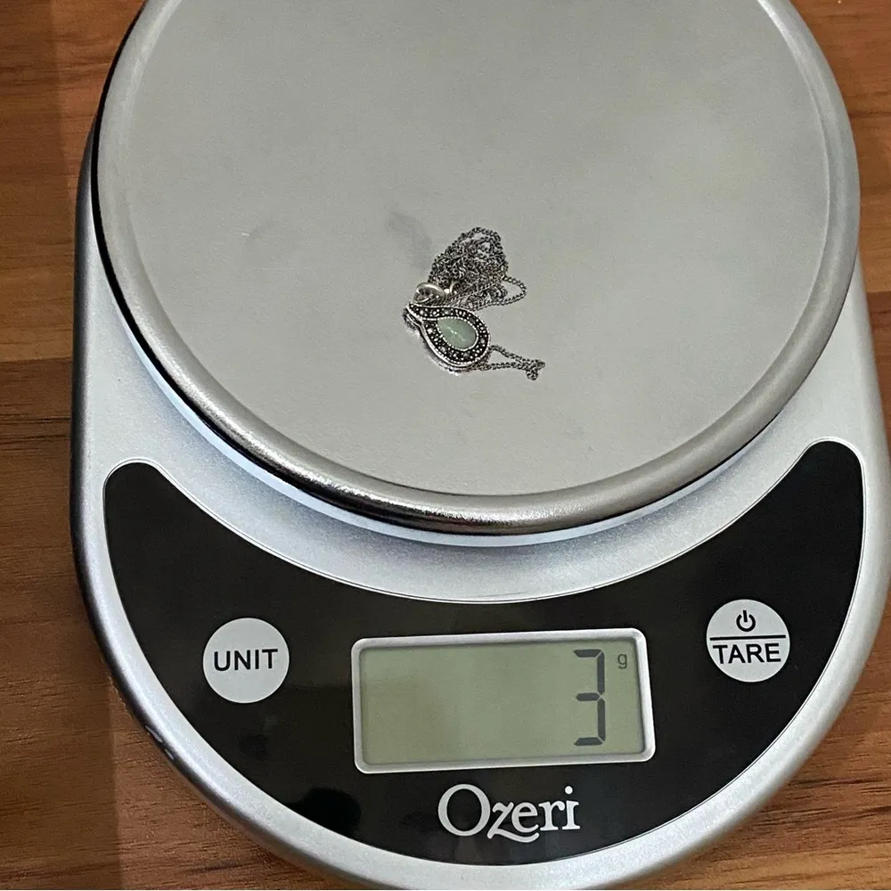 Vintage 925 NV Sterling Silver Jade Marcasite Teardrop Pendant 18” Necklace 3g. - Image 13