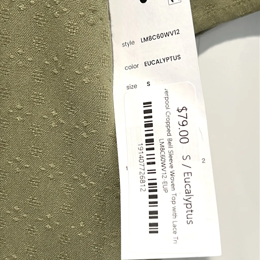 Liverpool Cropped Bell Sleeve Woven Top Lace Trim Small Eucalyptus Green Blouse - Image 4