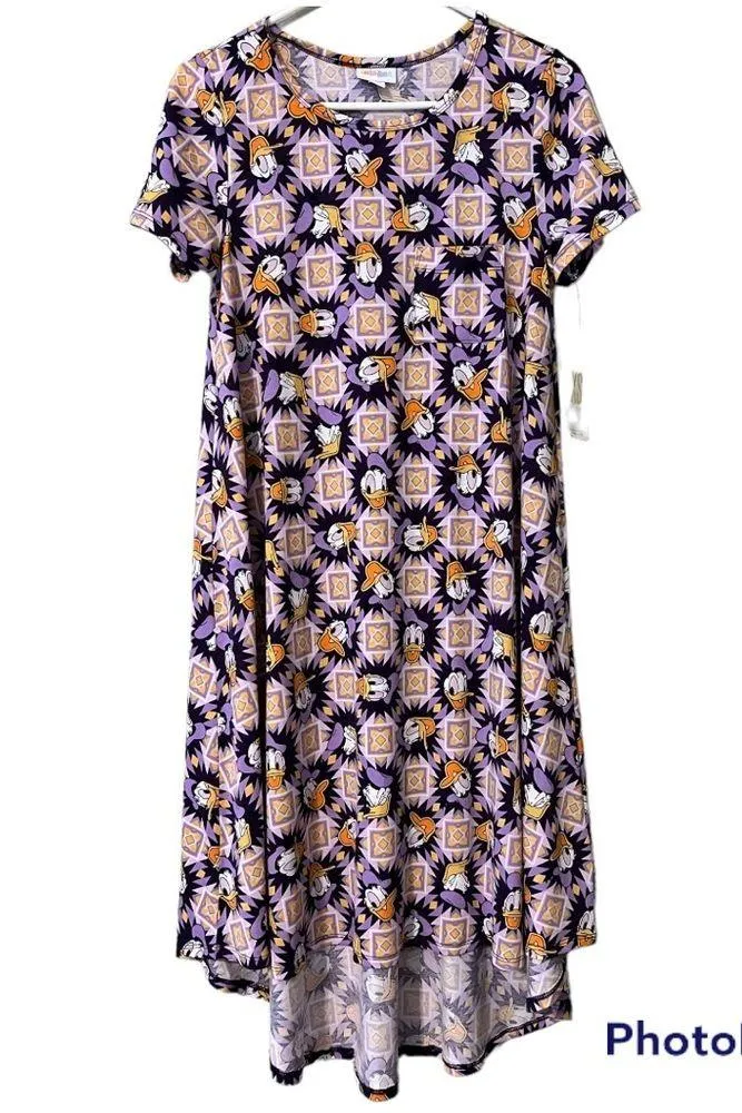 Disney LuLaRoe Carly dress size XS Donald Duck purple gold starburst geometric - Image 6