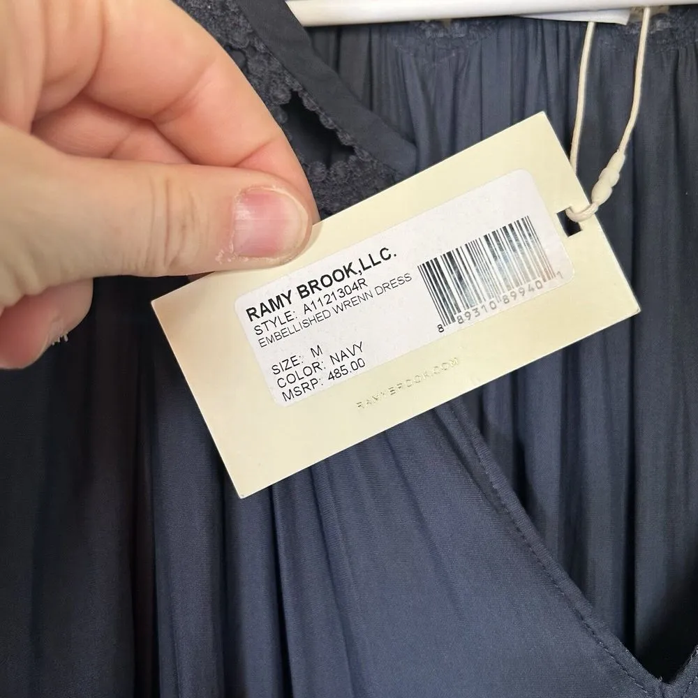 RAMY BROOK Wrenn Flutter Sleeve Silky Scalloped Midi Dress Navy‎ Medium - Image 7