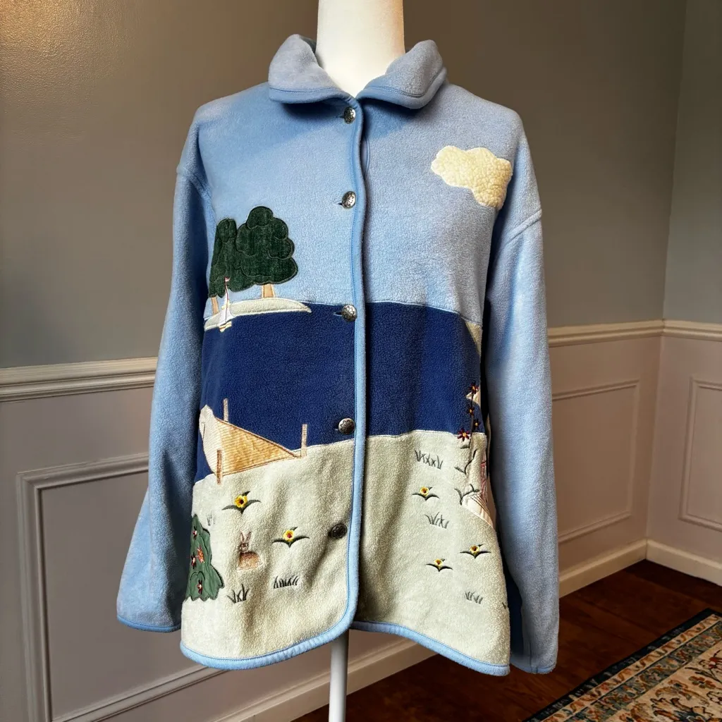 Vintage 90s Northern Reflections Fleece Beach Scene Jacket Sz M Coastal Grandma - Image 4