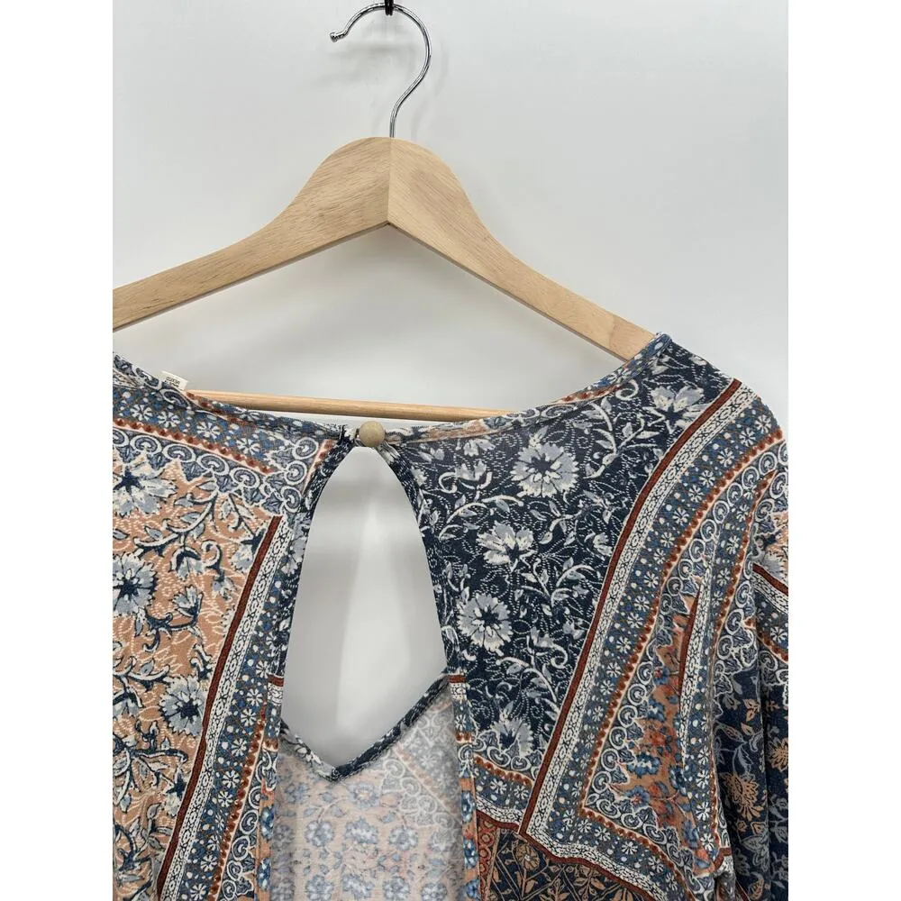 Earthbound Trading Co Blue Tan Floral Long Sleeve Romper Open Back Boho Women XL - Image 7