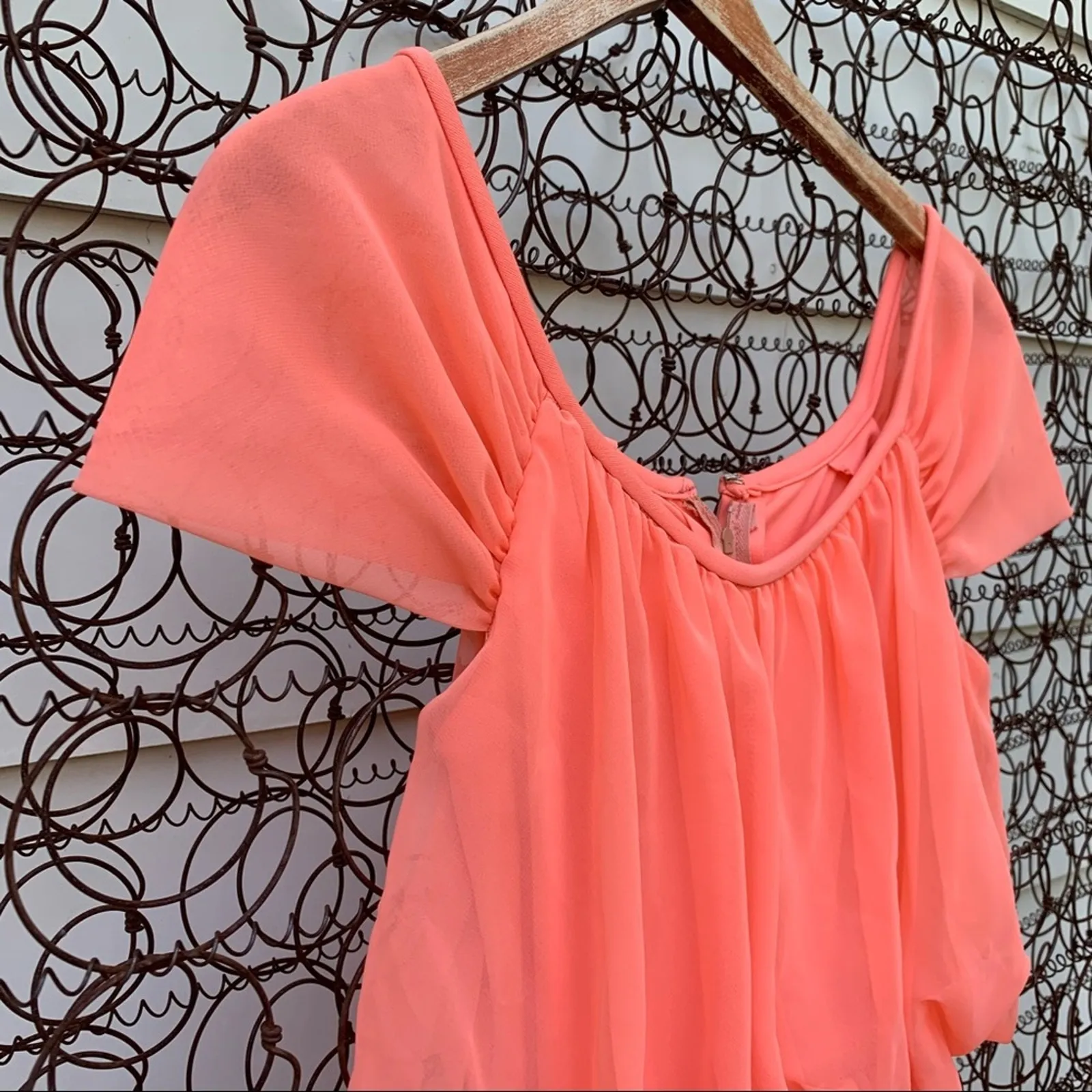 Vintage 70s Peach sheer A line blouson bust maxi dress SMALL? Orange - Image 6