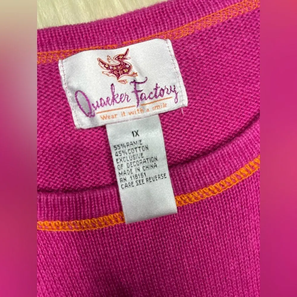 Quacker Factory embroidered penguin Pink crew sweater sz 1X - Image 3