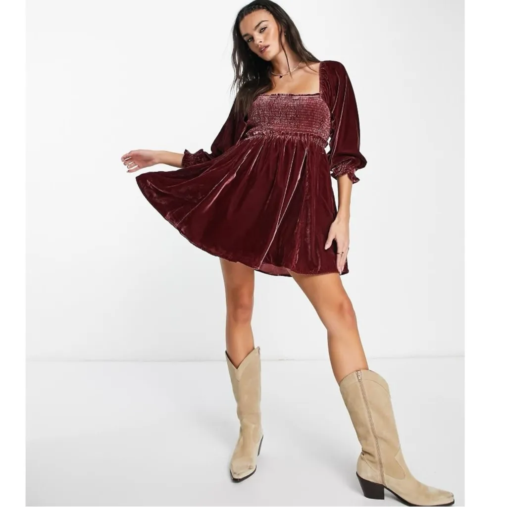 Free People Dainty Renaissance Daphne Velvet Mini Dress Burgundy Brown Small - Image 5