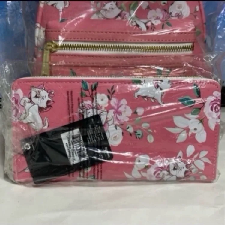 Disney aristocats pink Marie floral Loungefly mini backpack and wallet SET NWT - Image 2