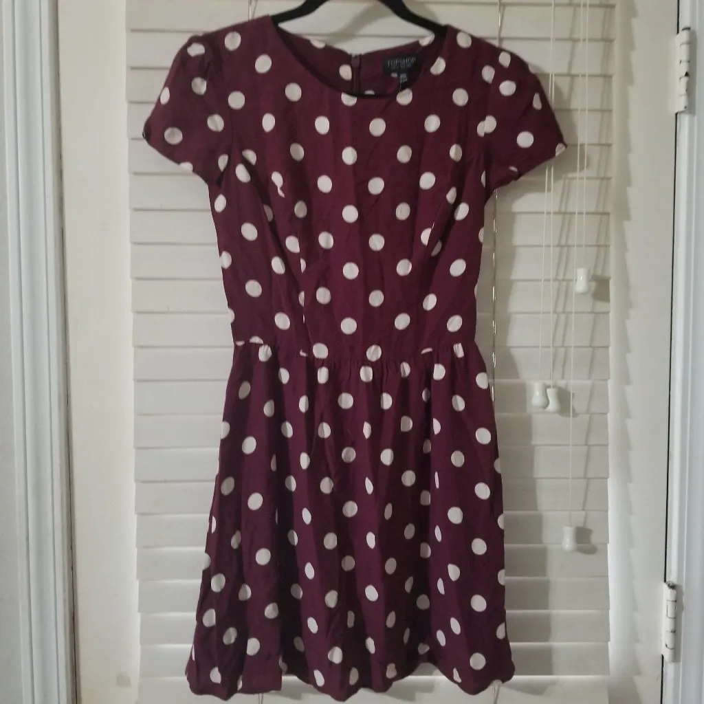 Topshop Burgundy Polka Dot Fit & Flare Dress Short Sleeve US 2 - Image 2