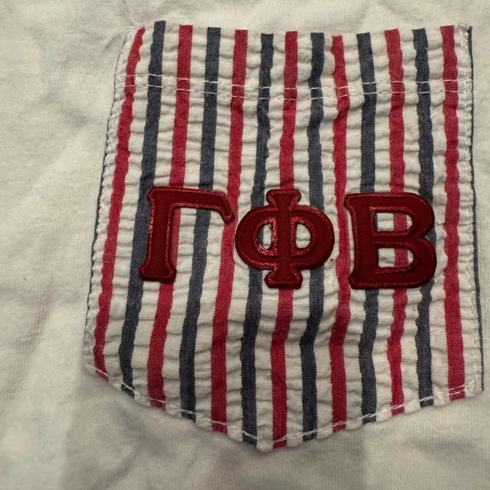 Gamma Phi Beta White ‘Merica Pocket Tee Red & Blue Striped Cotton T-Shirt - Image 2