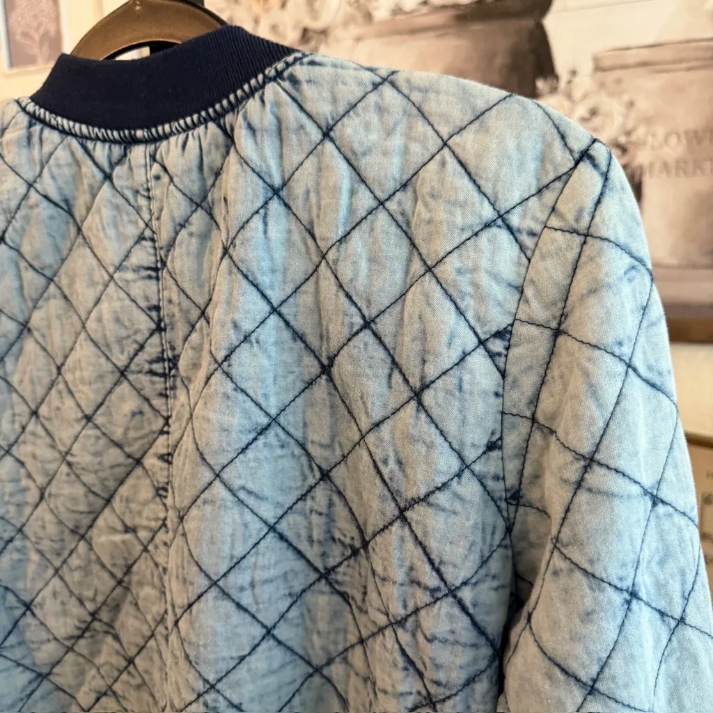 Blue Quilted Denim Bomber Jacket Zip Front Casual Streetwear Layering - Image 11