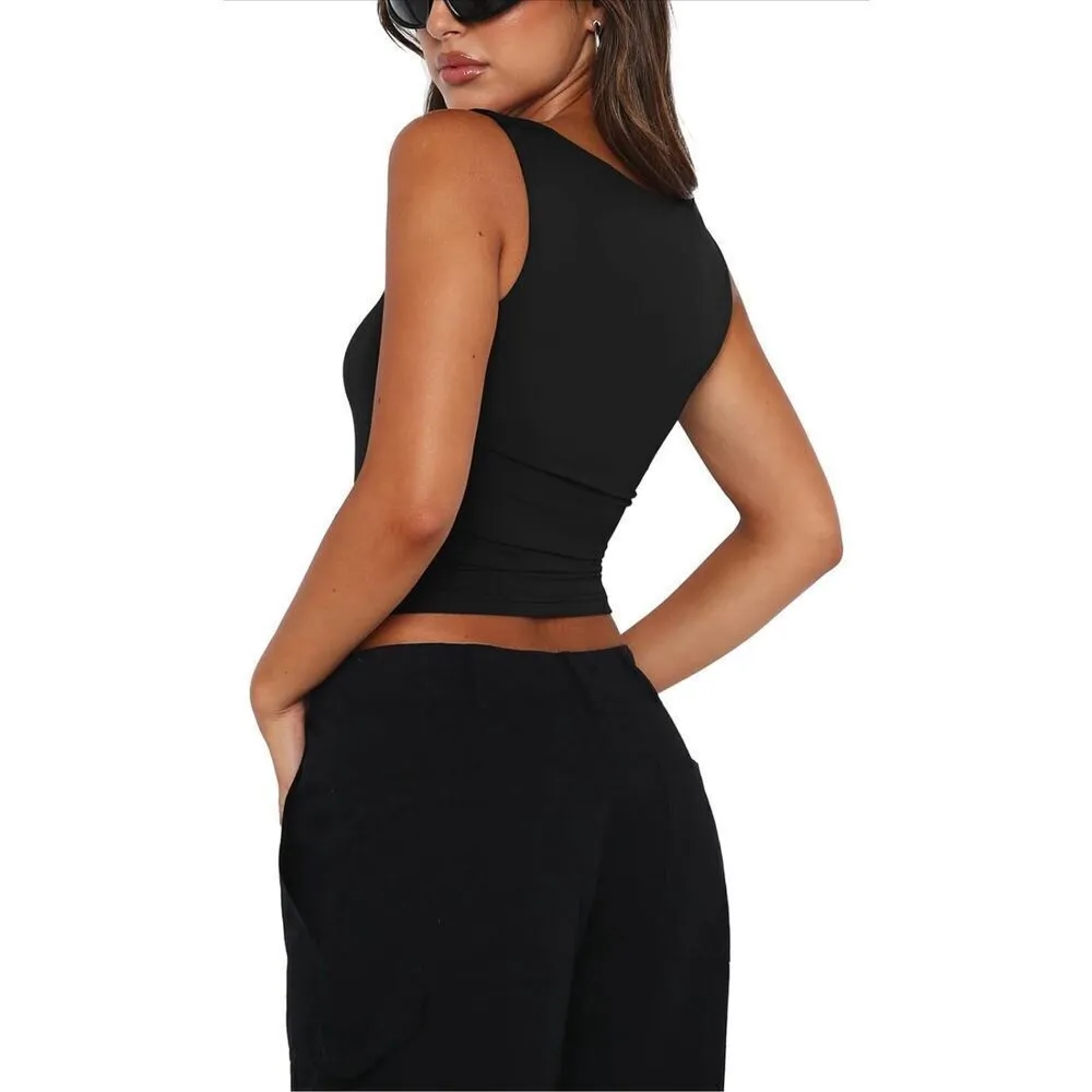 NEW Black Square Neck Crop Top Double Lined M Size M - Image 2