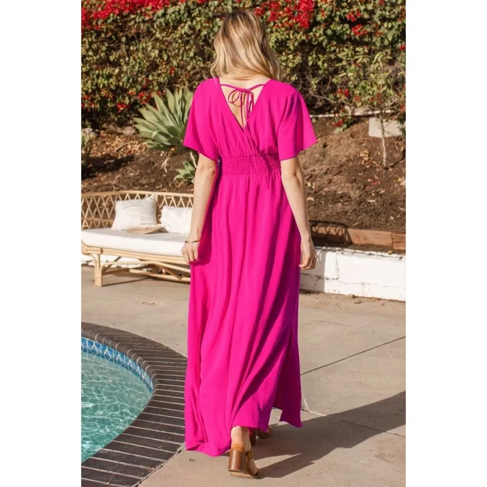 NWT Oddy Bright Pink Wrap Maxi Dress Smocked Waist Tie Back Detail Flowy Sleeve - Image 2