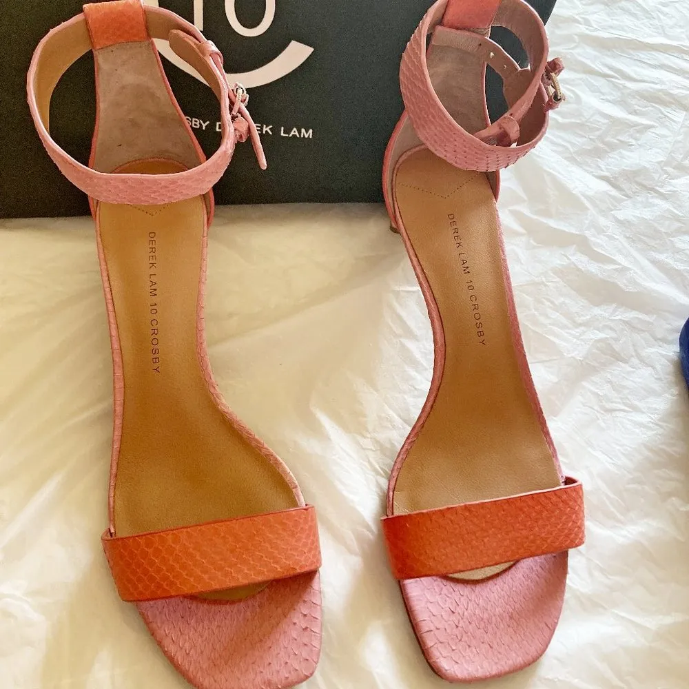 10 Crosby by Derek Lam pink watermelon snake print ankle buckle heeled sandals Size 9.5 - Image 2