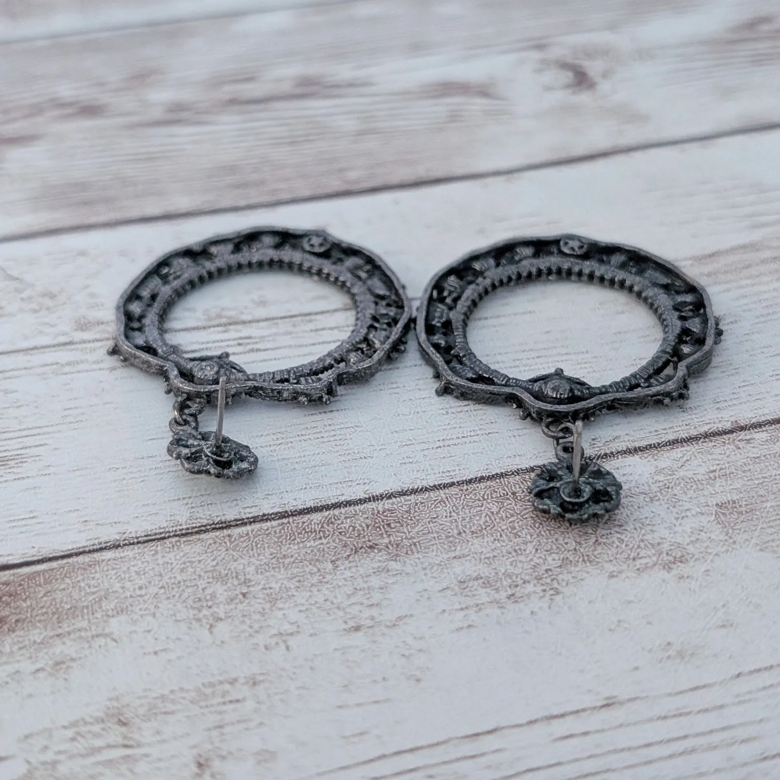 Extra Large Stud Earrings Dangle Earrings Dark Metal & Green Gems - Image 7