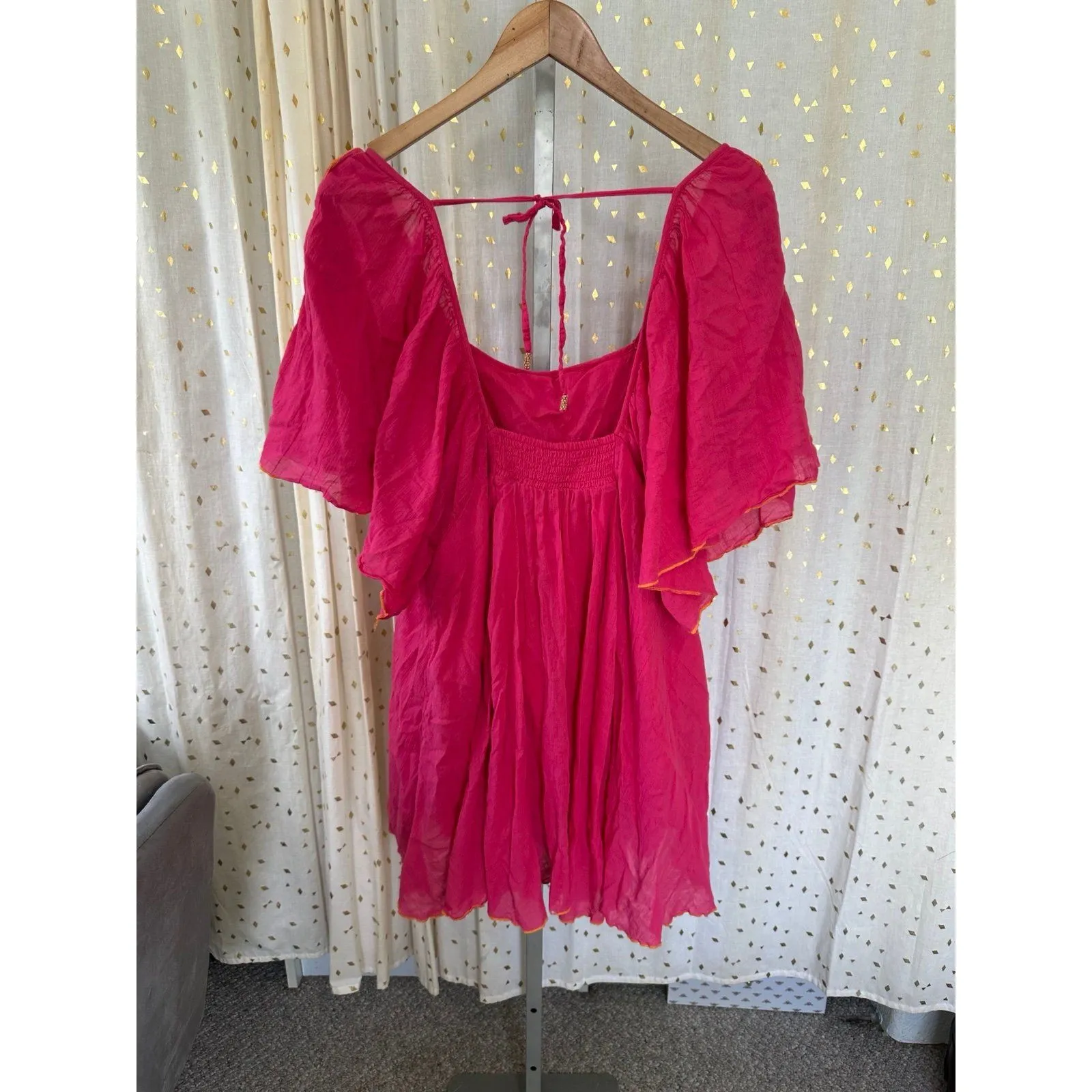 Free People 100% Cotton Fuchsia Sheer Lined Crinkle Joelle Tunic Dress Top L - Image 5
