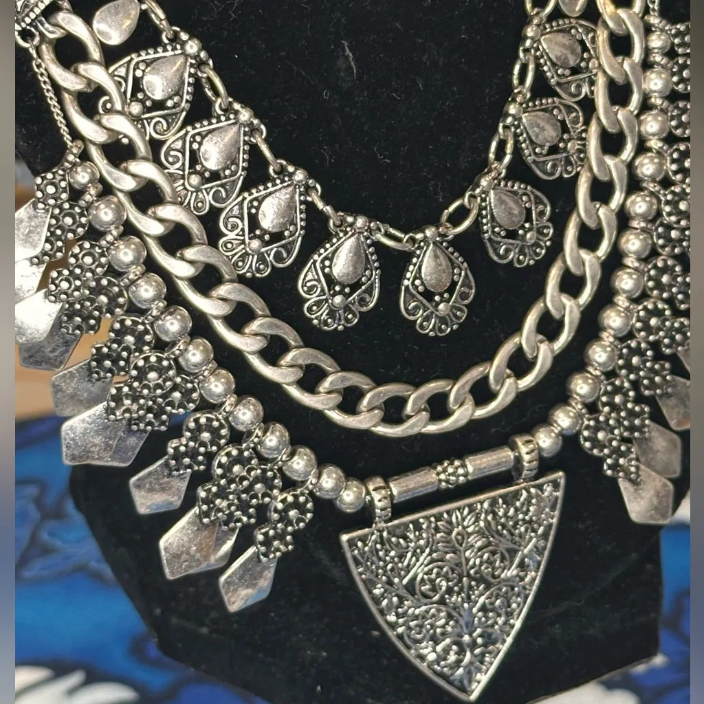 Neiman Marcus Silver Boho Beaded Geometric Necklace Earrings Set - Image 2