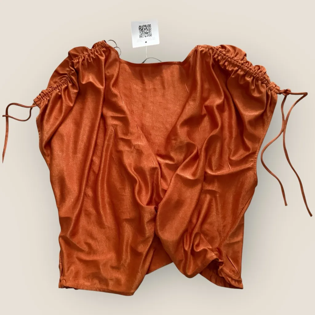 ZARA - Ruffle Tie Front Satin Crop Top Rust Orange Size S - Image 4