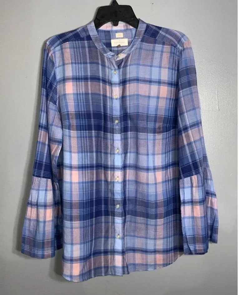 Ann Taylor LOFT Cotton Blue Plaid Bell Sleeve Softened Shirt Top Size Large - Image 4