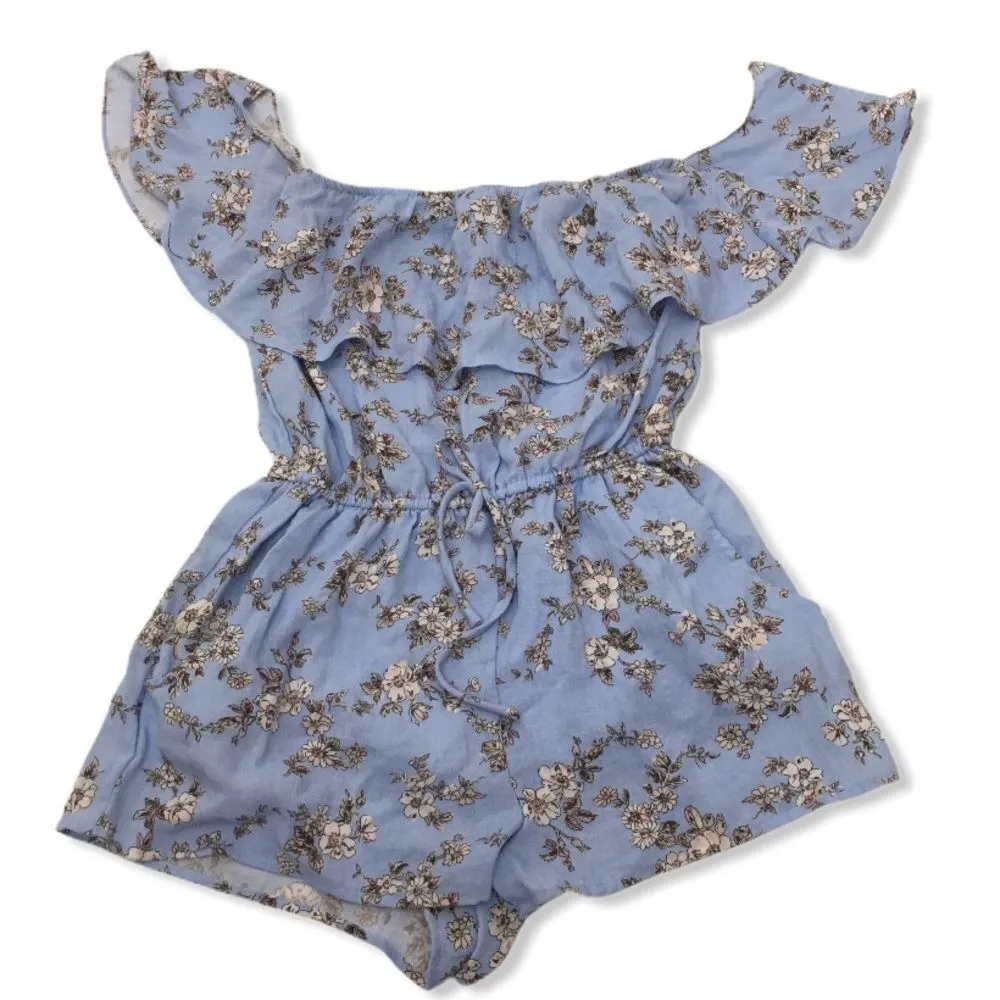 Everly Demi Blue Chambray Floral Off Shoulder Romper - Image 2