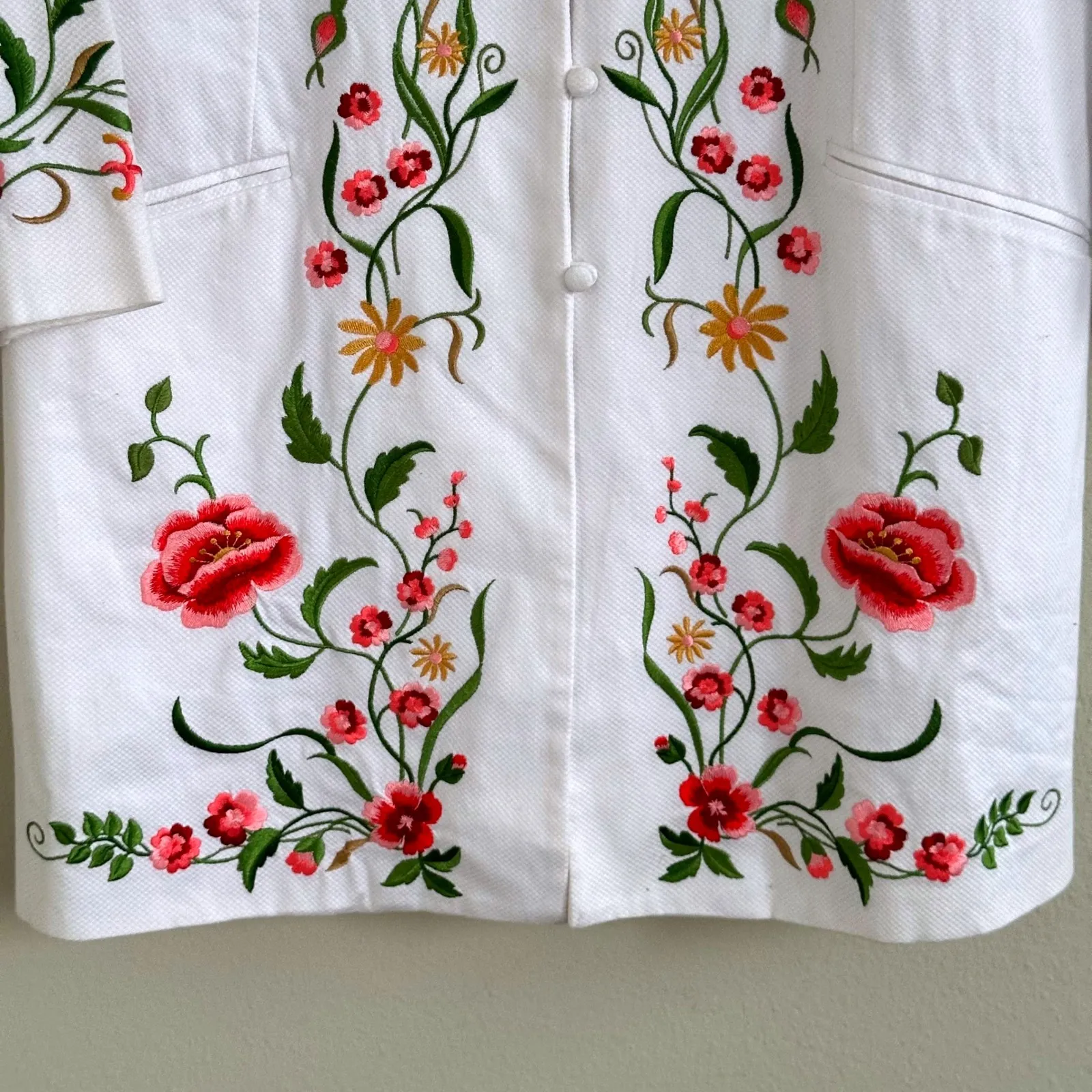 Victor Costa White Embroidered Floral Lined Coat 1X Long Jacket Mandarin Collar - Image 8