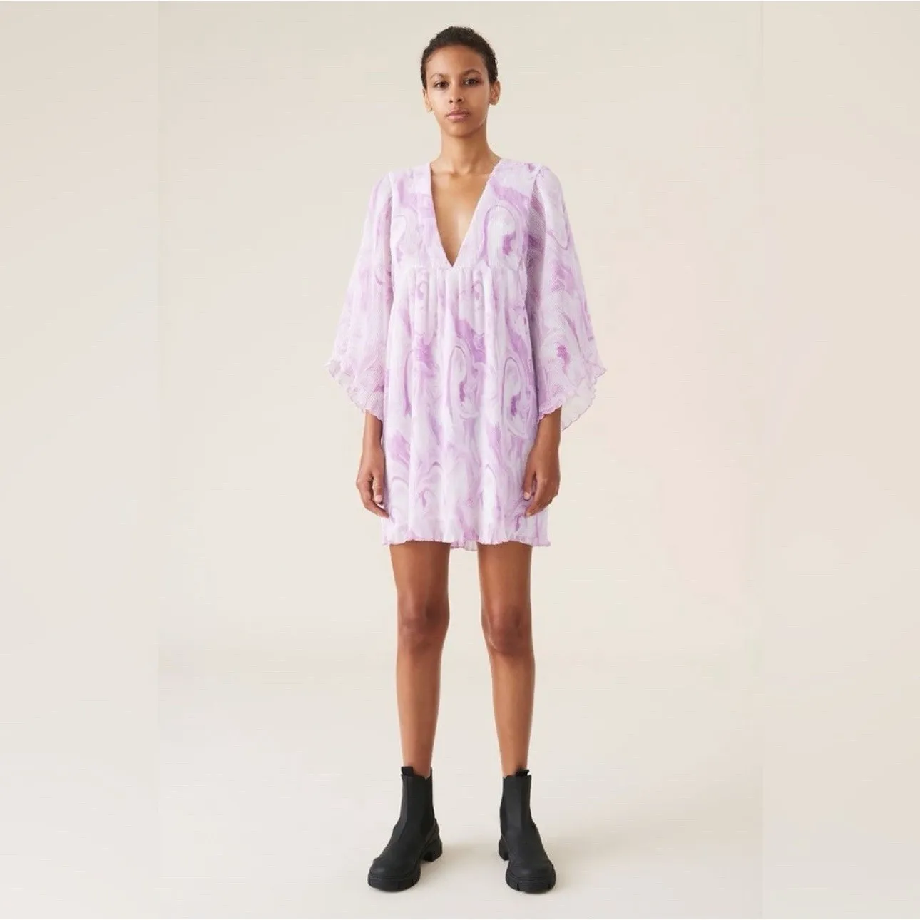 GANNI Orchid Bloom Pleated Georgette Mini Dress Sz S/M - Image 3