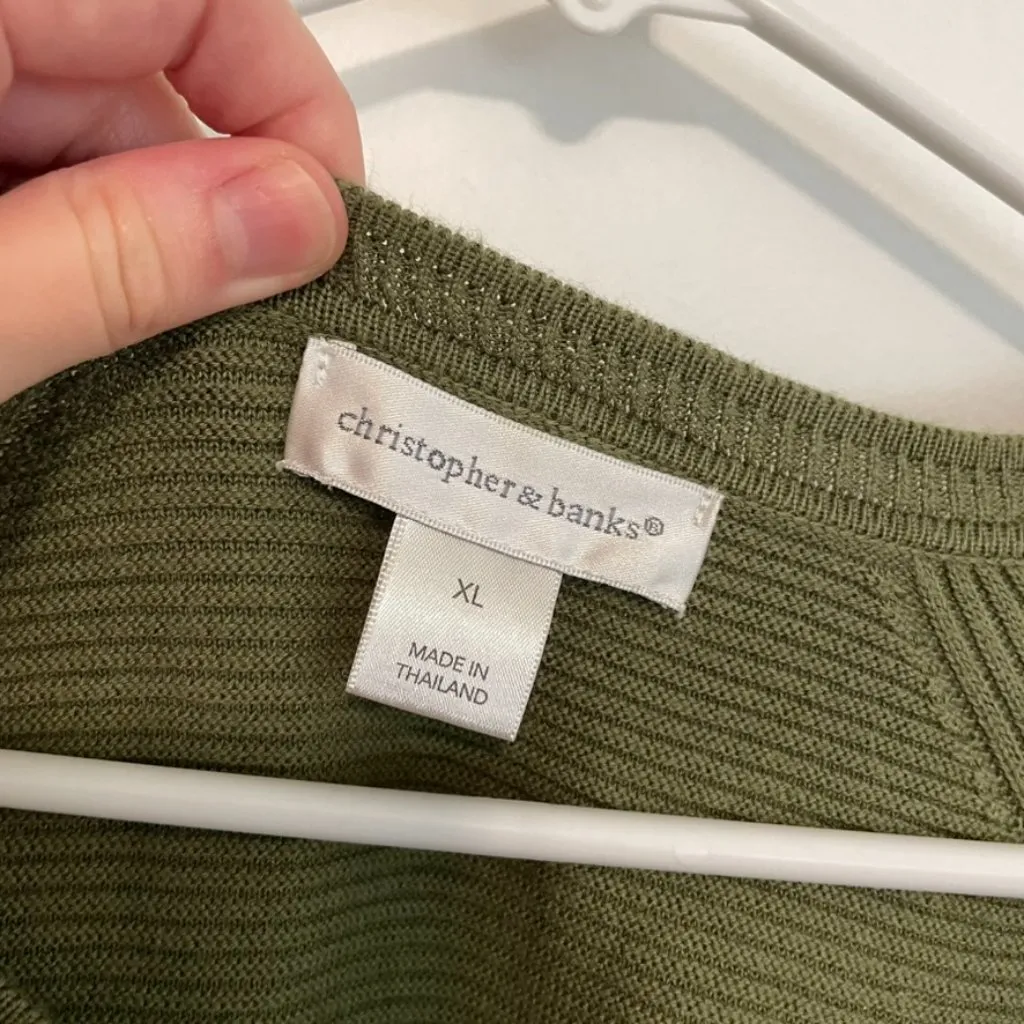 CHRISTOPHER & BANKS Crew Neck Sweater Button Cuff Olive Green 3/4 Sleeve Cotton - Image 4