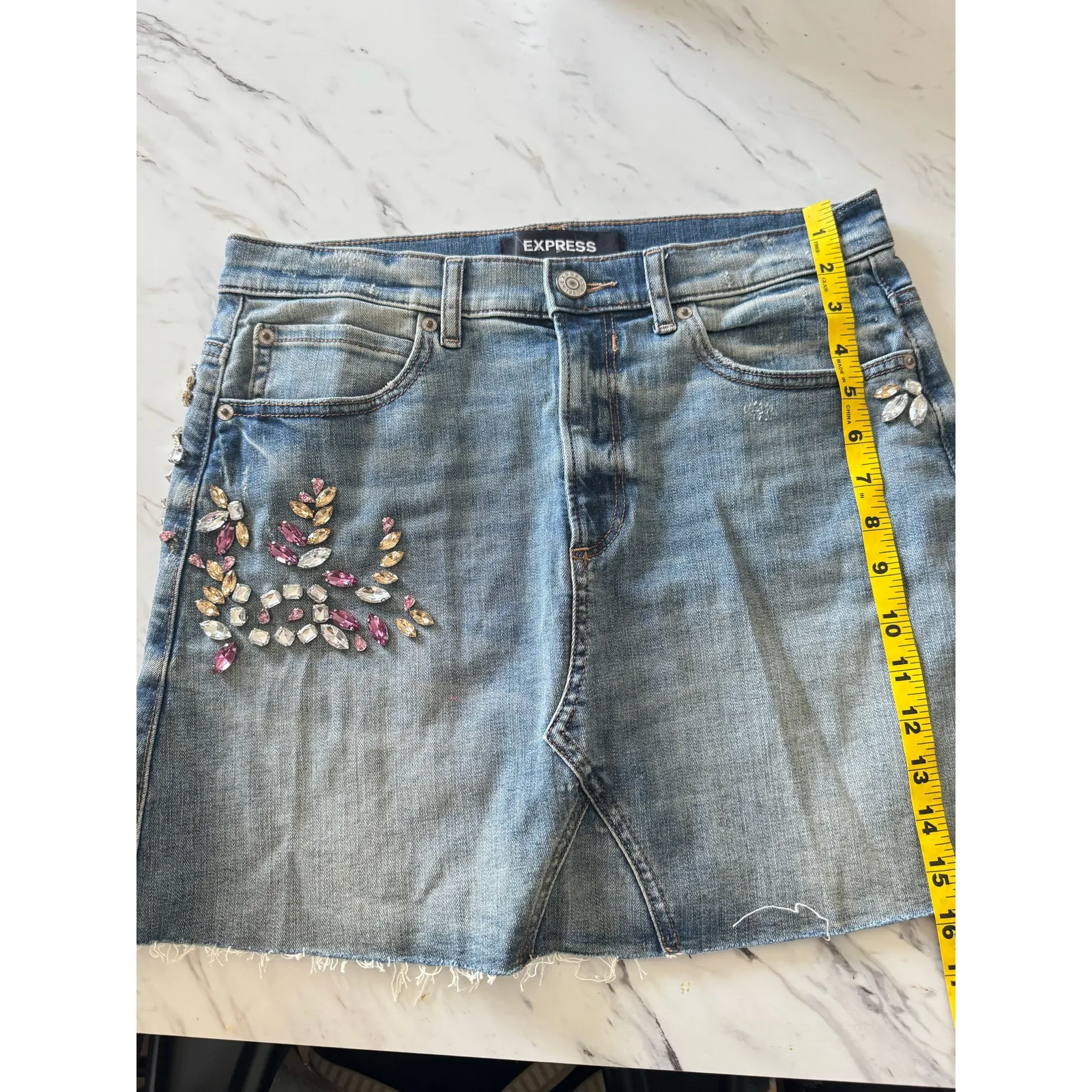 Express Women’s Size 6 Embellished Denim Mini Skirt y2k Glam Bejeweled Festival - Image 6