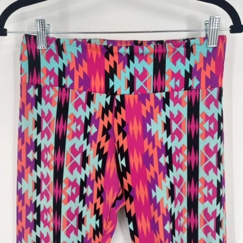 Onzie Aztec Southwestern Tribal Cropped Leggings Colorful Medium Large Pink Blue - Image 7