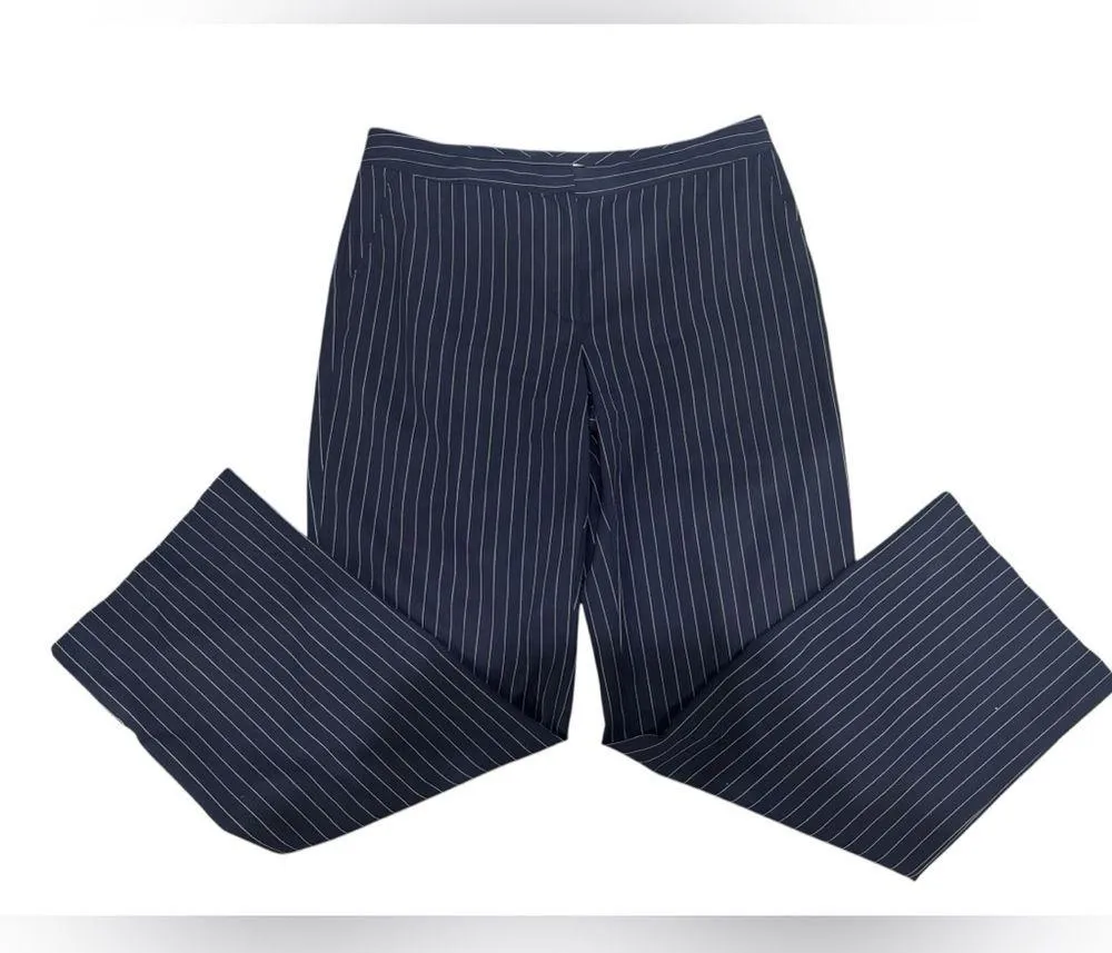 St John Pants Women 10 Navy Blue White Striped Wool Blend Wide Leg Trousers - Image 8