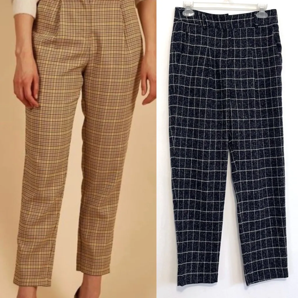 FRNCH PARIS Navy Blue Windowpane Grid Crop Cropped Tapered Leg Pants Trousers S - Image 5