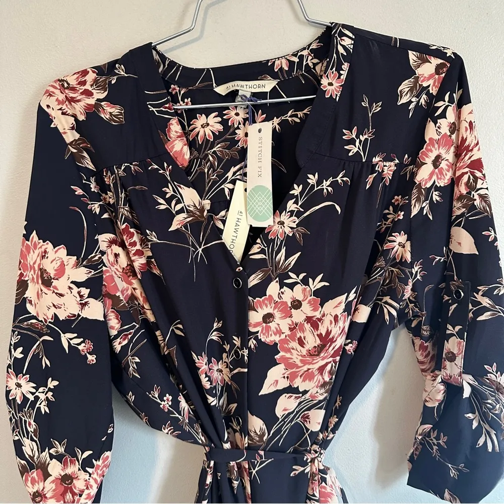 41 Hawthorn Cristen Shirt Dress Floral Wrap NEW Navy Blue Size L - Image 3