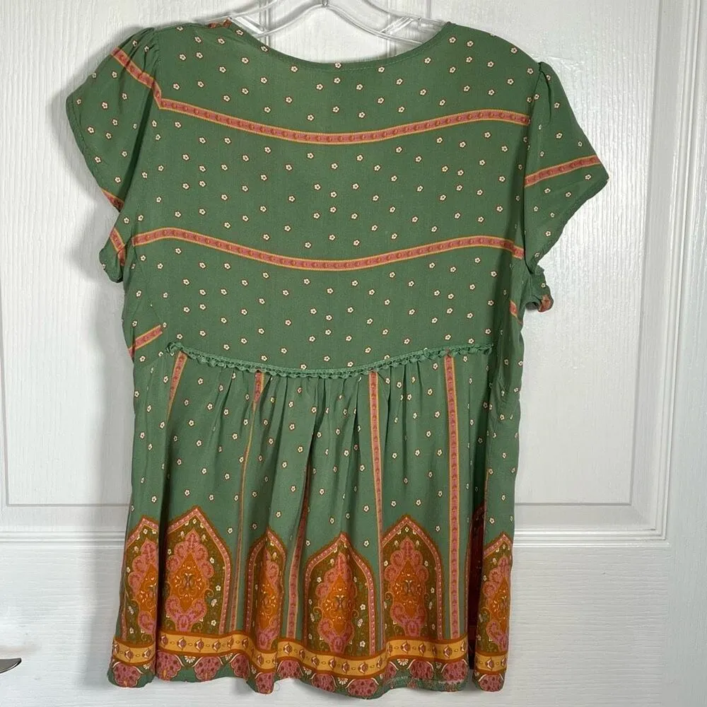 Anthropologie Jaase Sz S Blouse Flutter Sleeve Tassel Tie Green Orange - Image 8