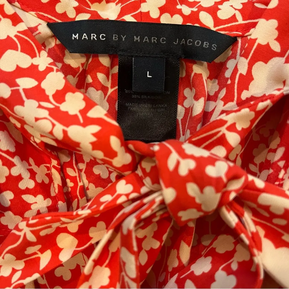 Marc By Marc Jacobs Ruffle Collar Cotton Silk Red Cream Floral Print Blouse,Sz L - Image 12
