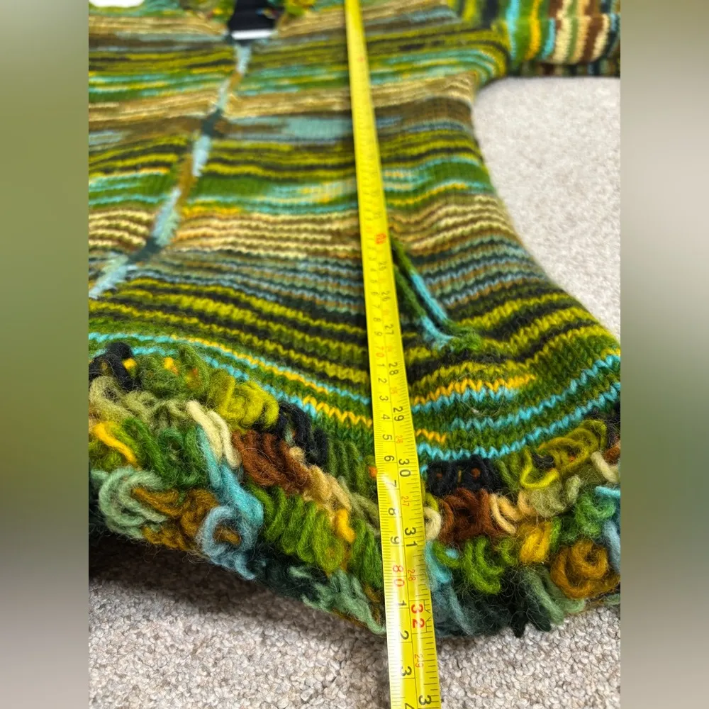 100% Wool Jacket Chunky Pixie Hood Knit Unisex Boho Fleece Lined Warm Cardigan Yellow Size L - Image 2