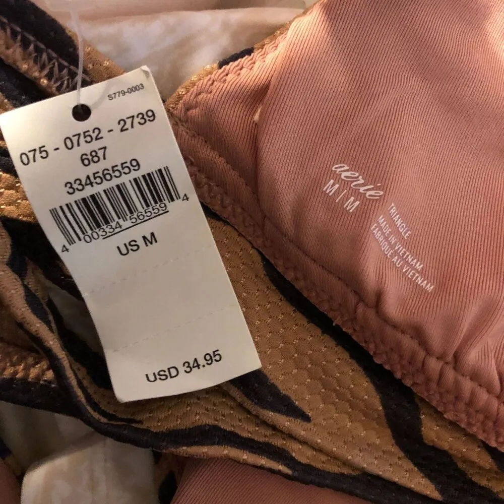 Aerie Bikini Top Triangle V Neck Tiger Stripe Brown Black M - Image 3