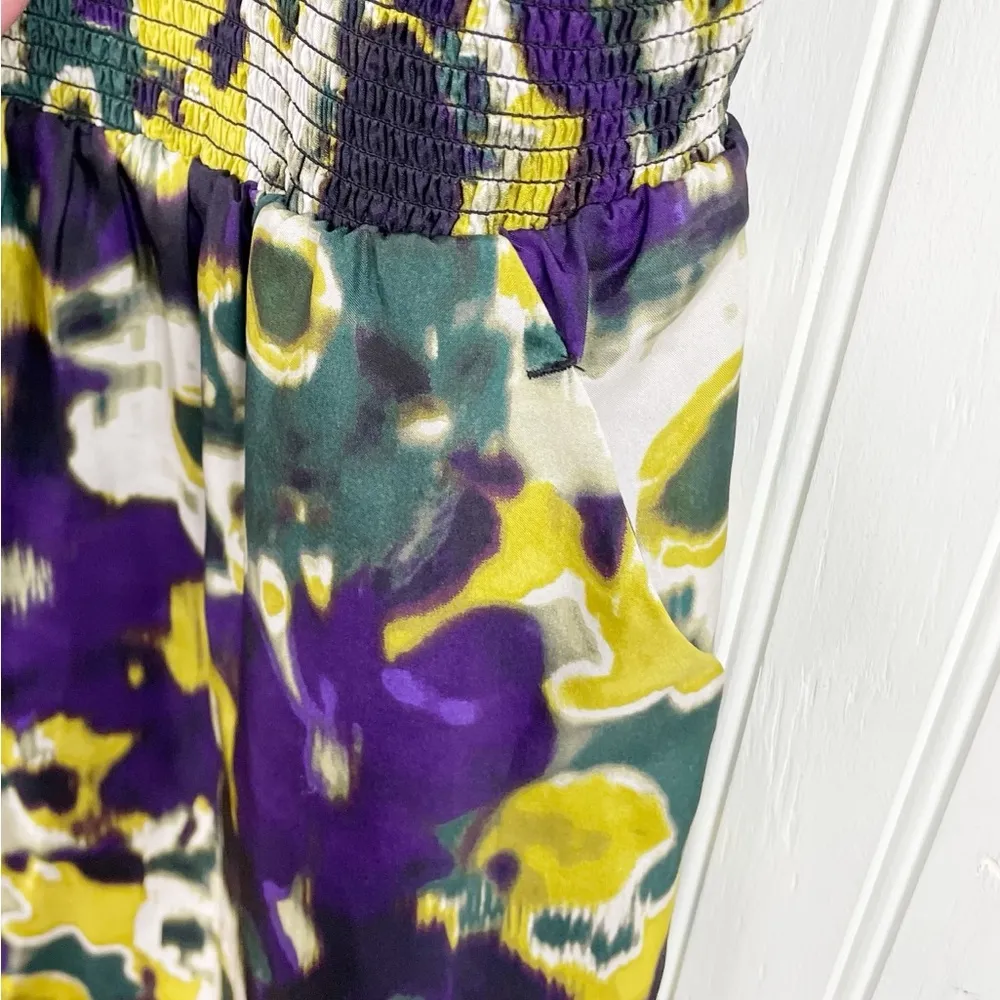 Anthropologie Maeve Giverny Silk Floral Purple Yellow Smocked Dress Size Small - Image 4